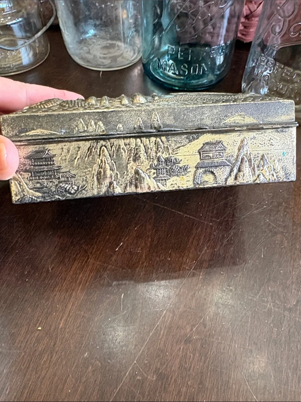Ornate Embossed Metal Trinket Box in Aged Silver Tone